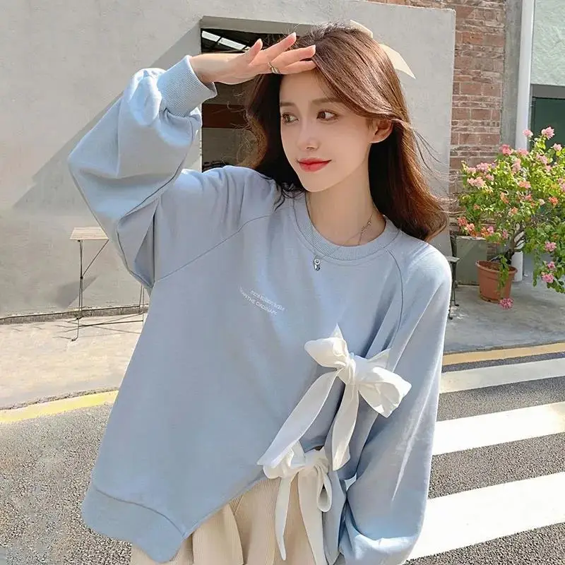 Women's Bow Strap Pullover Sweatshirt Light Blue Summer Top - Image 5