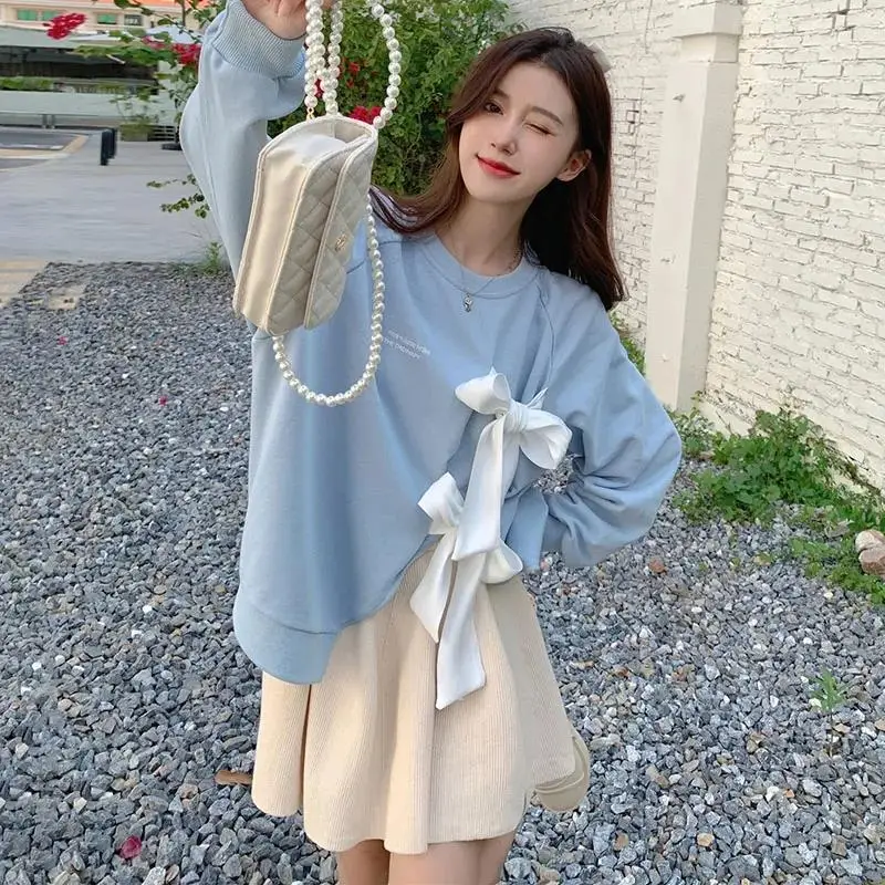 Women's Bow Strap Pullover Sweatshirt Light Blue Summer Top - Image 6