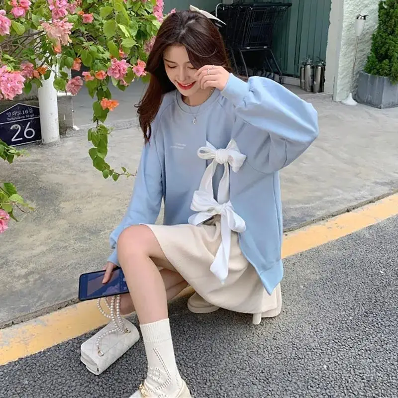 Women's Bow Strap Pullover Sweatshirt Light Blue Summer Top - Image 7