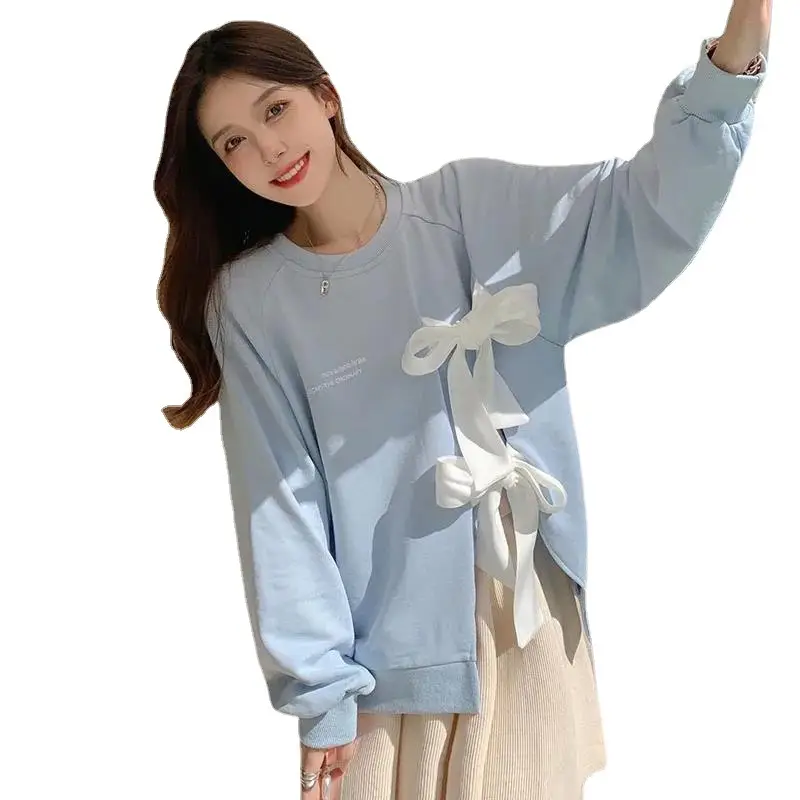 Women's Bow Strap Pullover Sweatshirt Light Blue Summer Top - Image 8