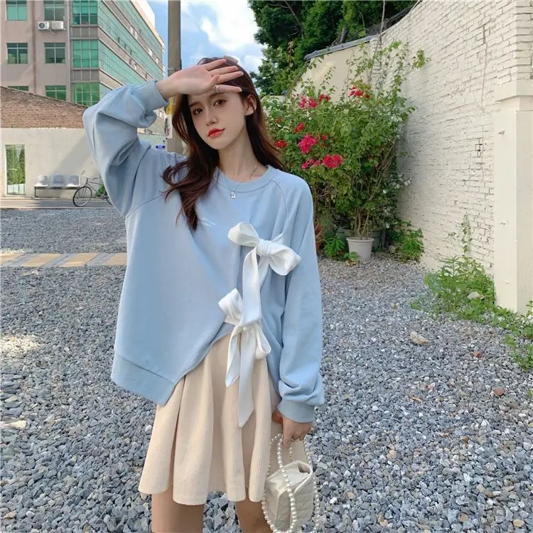 Women's Bow Strap Pullover Sweatshirt Light Blue Summer Top — feature 10