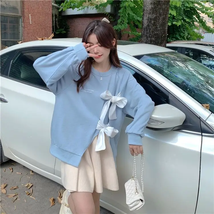 Women's Bow Strap Pullover Sweatshirt Light Blue Summer Top — feature 11