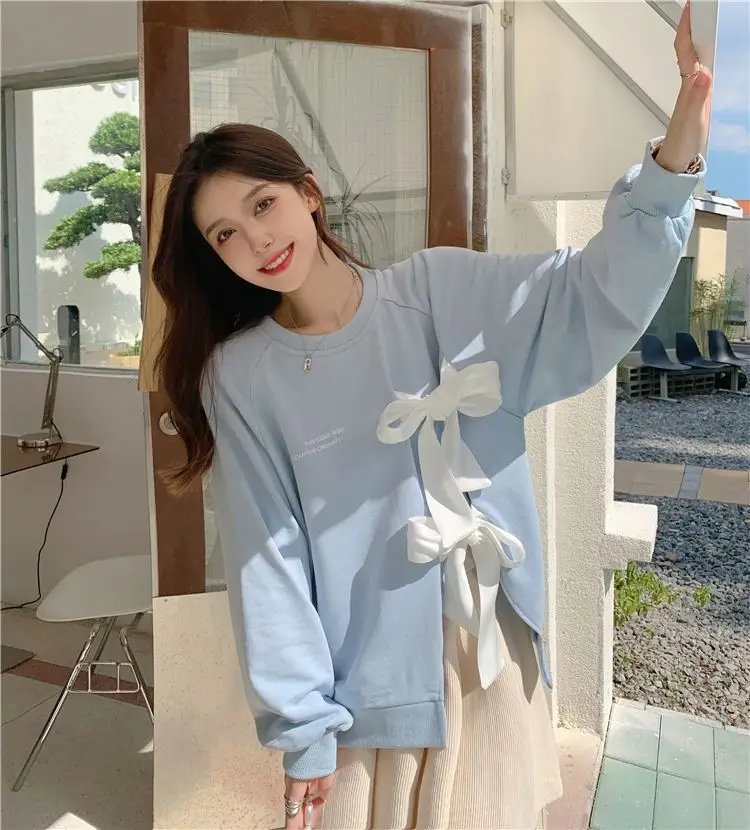 Women's Bow Strap Pullover Sweatshirt Light Blue Summer Top — feature 12