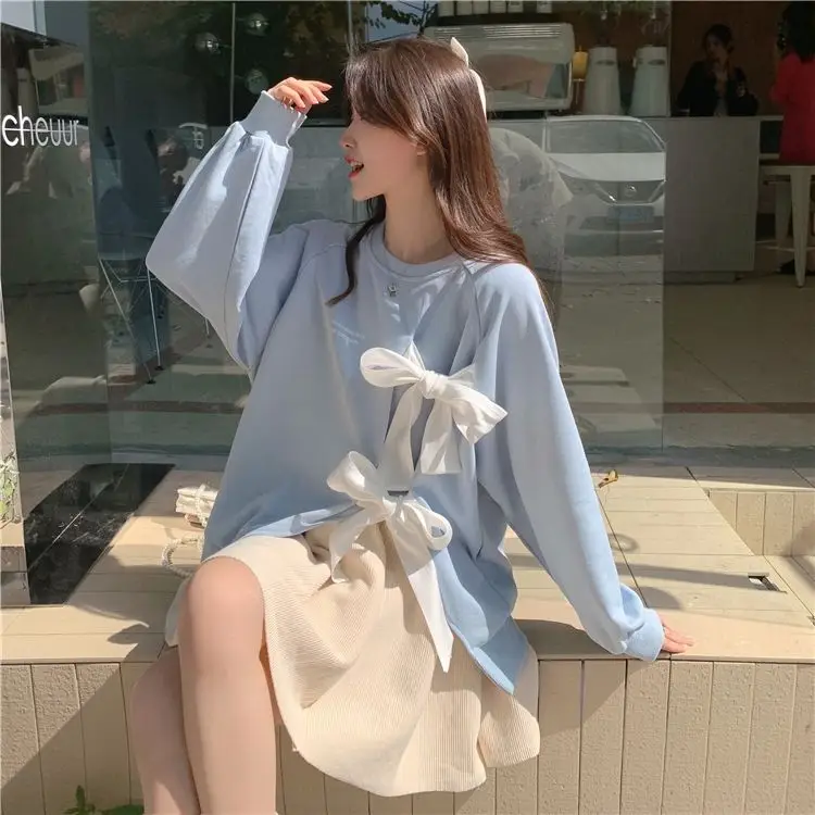 Women's Bow Strap Pullover Sweatshirt Light Blue Summer Top — feature 13