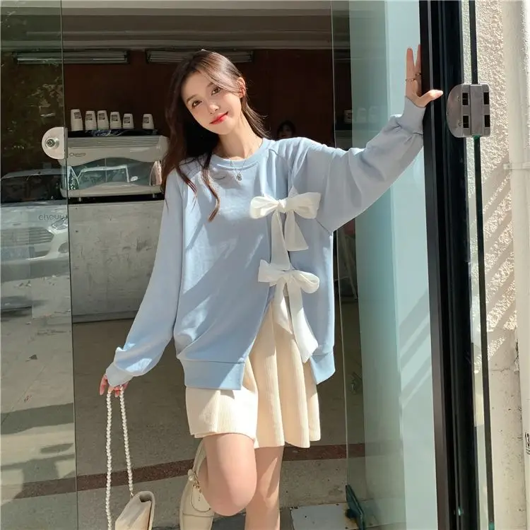 Women's Bow Strap Pullover Sweatshirt Light Blue Summer Top — feature 14