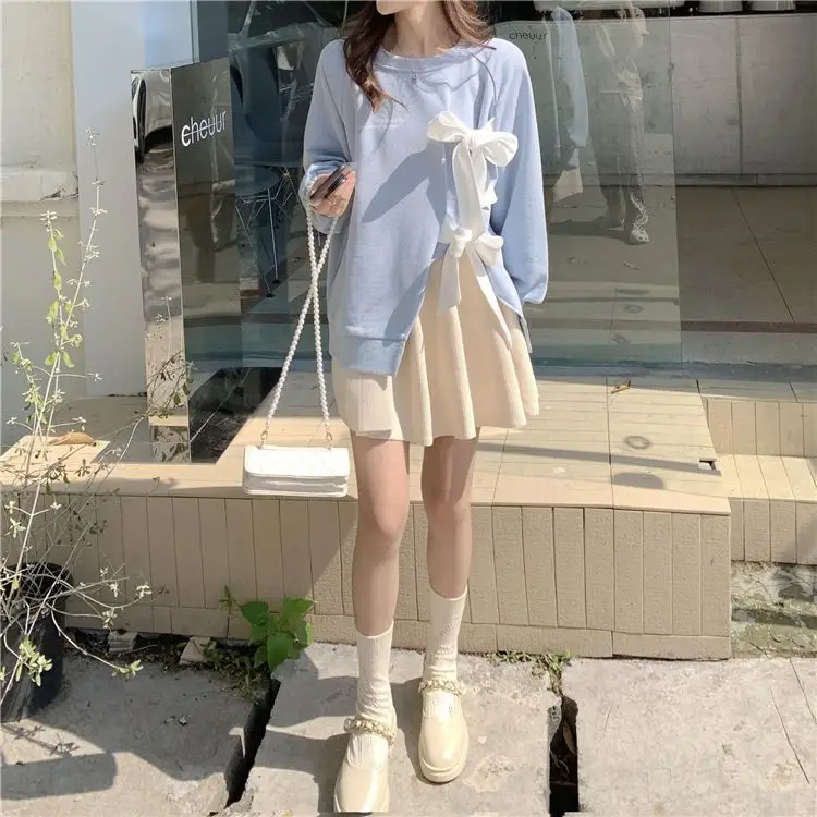 Women's Bow Strap Pullover Sweatshirt Light Blue Summer Top — feature 15