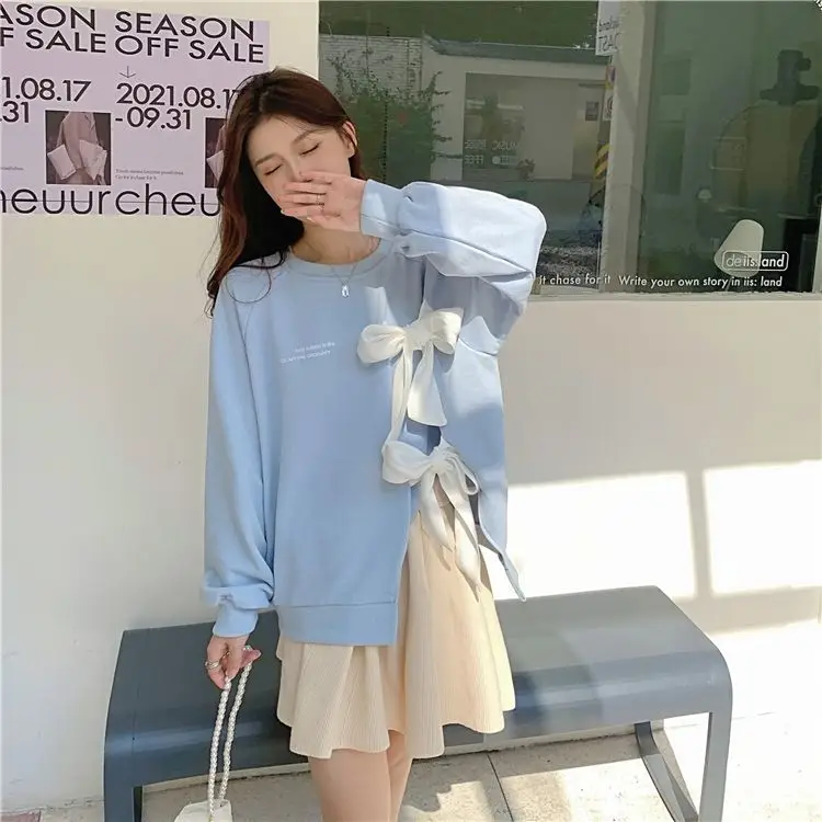 Women's Bow Strap Pullover Sweatshirt Light Blue Summer Top — feature 16