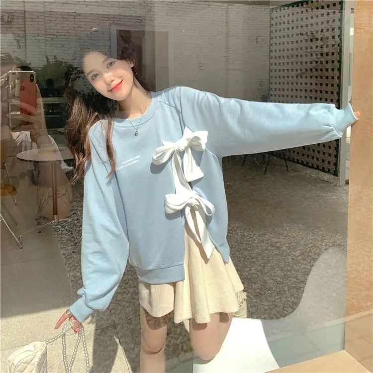 Women's Bow Strap Pullover Sweatshirt Light Blue Summer Top — feature 17