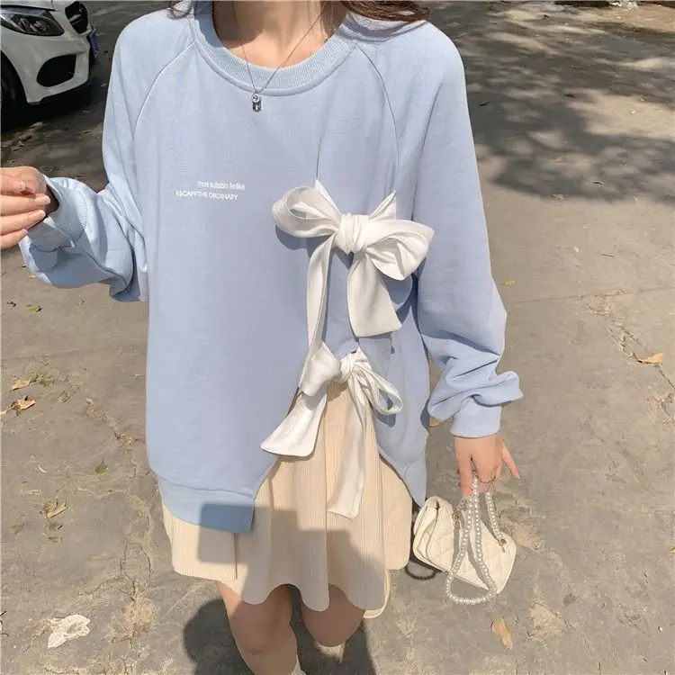 Women's Bow Strap Pullover Sweatshirt Light Blue Summer Top — feature 18
