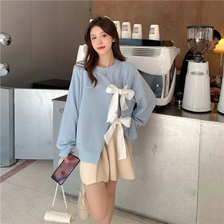 Women's Bow Strap Pullover Sweatshirt Light Blue Summer Top — feature 19