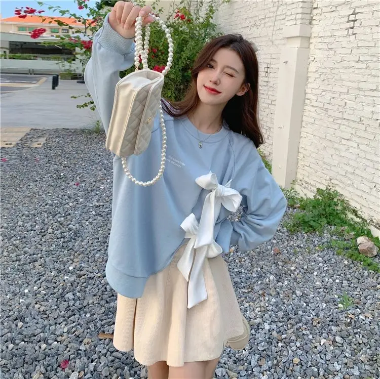 Women's Bow Strap Pullover Sweatshirt Light Blue Summer Top — feature 3