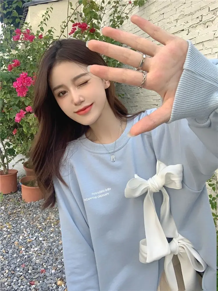 Women's Bow Strap Pullover Sweatshirt Light Blue Summer Top — feature 4
