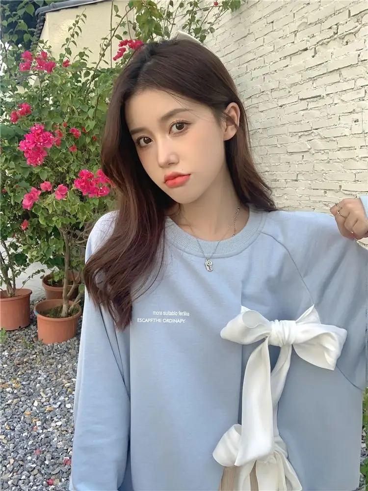 Women's Bow Strap Pullover Sweatshirt Light Blue Summer Top — feature 5