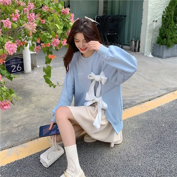 Women's Bow Strap Pullover Sweatshirt Light Blue Summer Top — feature 6