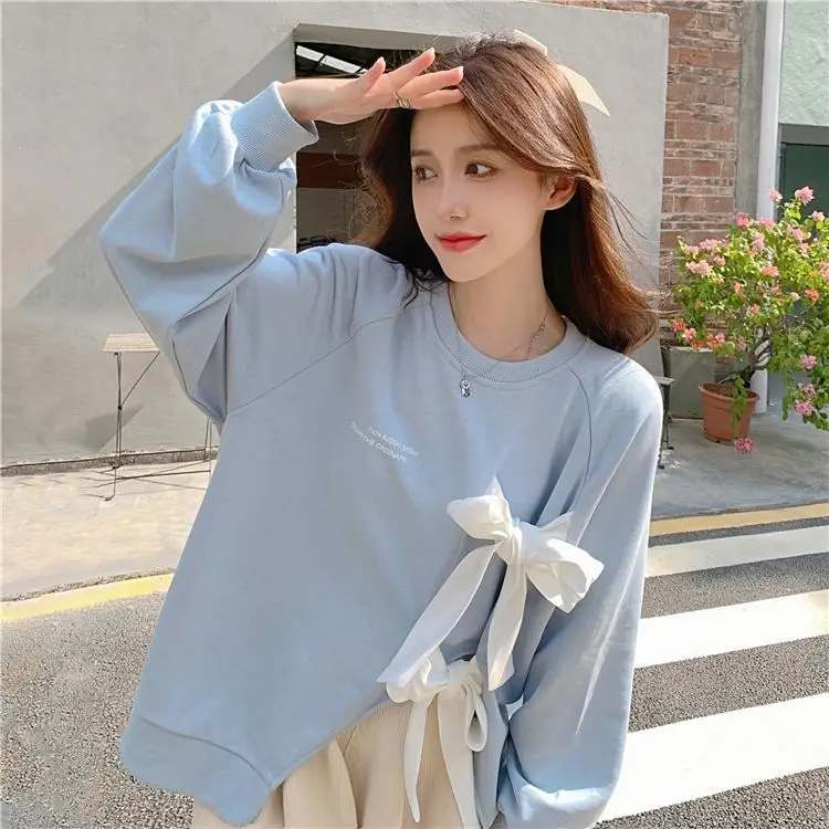 Women's Bow Strap Pullover Sweatshirt Light Blue Summer Top — feature 9