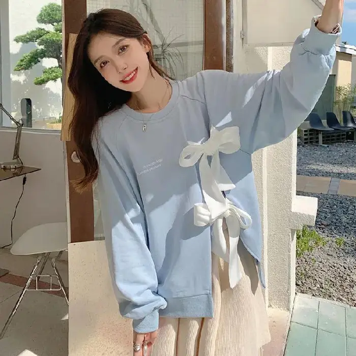 Women's Bow Strap Pullover Sweatshirt Light Blue Summer Top - Image 2