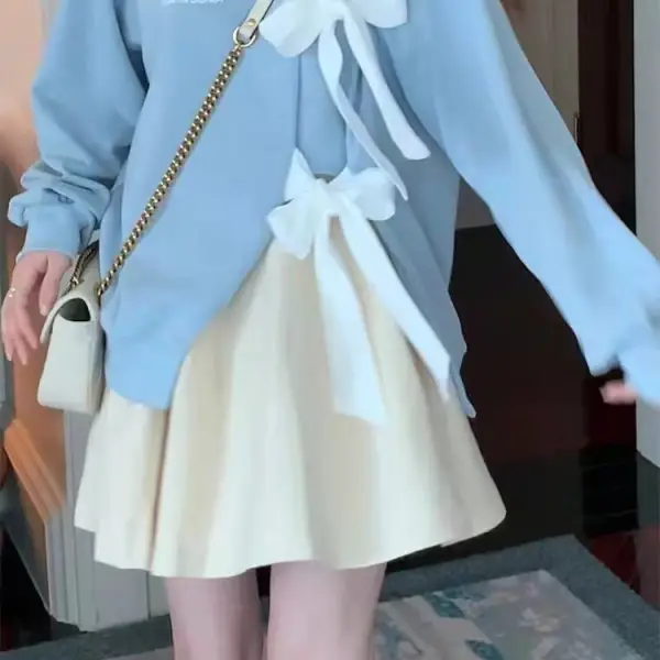 Women's Bow Strap Pullover Sweatshirt Light Blue Summer Top - Image 3