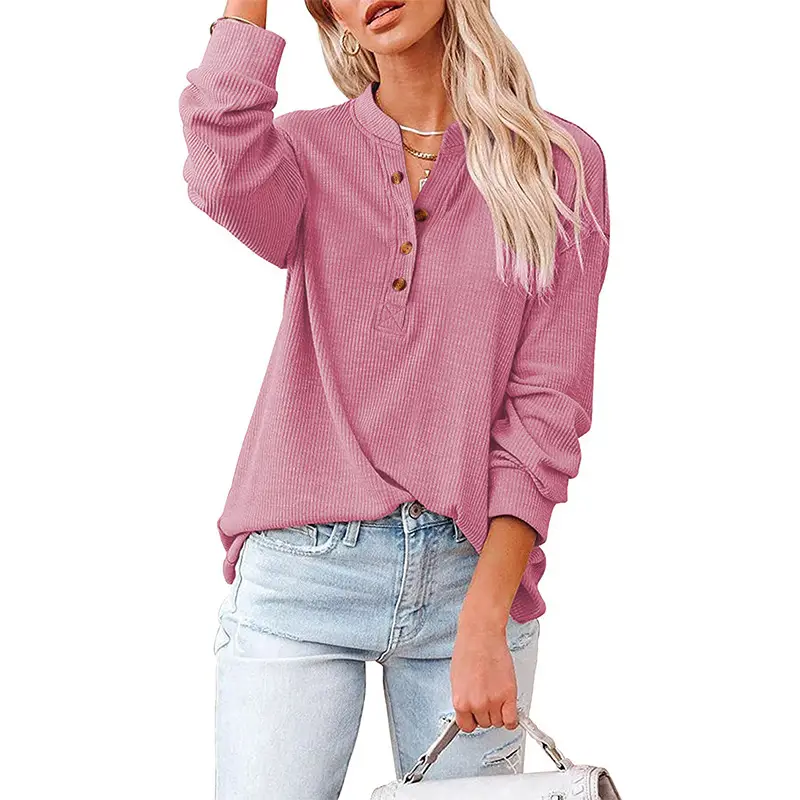 Women's Grey Knitted V-Neck Long Sleeve T-Shirt - Image 10