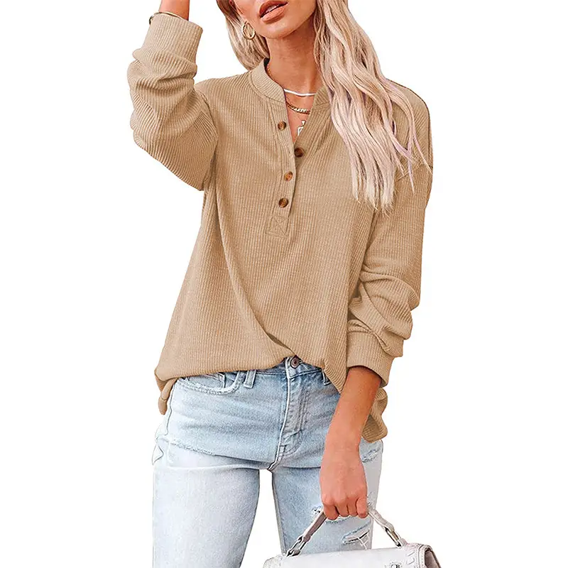 Women's Grey Knitted V-Neck Long Sleeve T-Shirt - Image 11