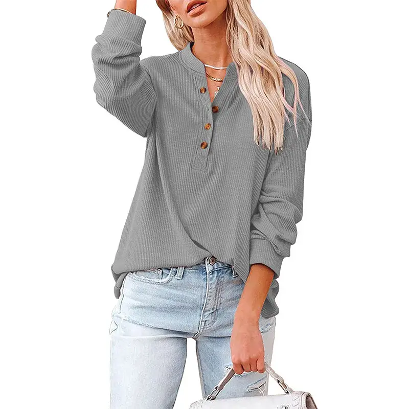 Women's Grey Knitted V-Neck Long Sleeve T-Shirt - Image 2