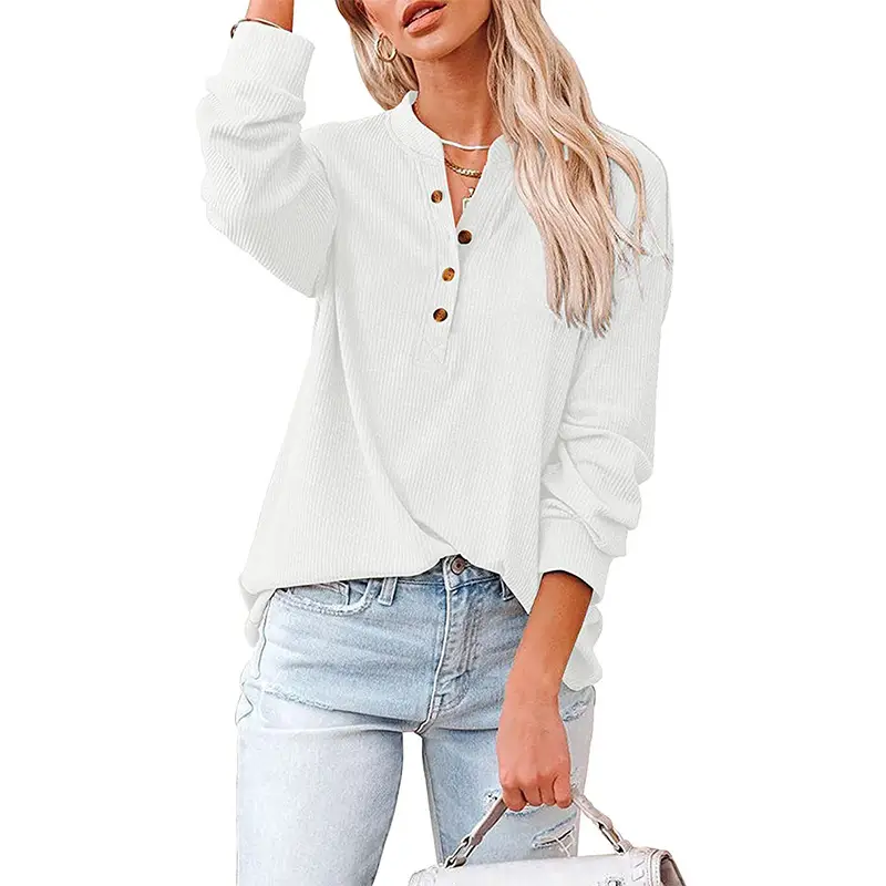 Women's Grey Knitted V-Neck Long Sleeve T-Shirt - Image 4