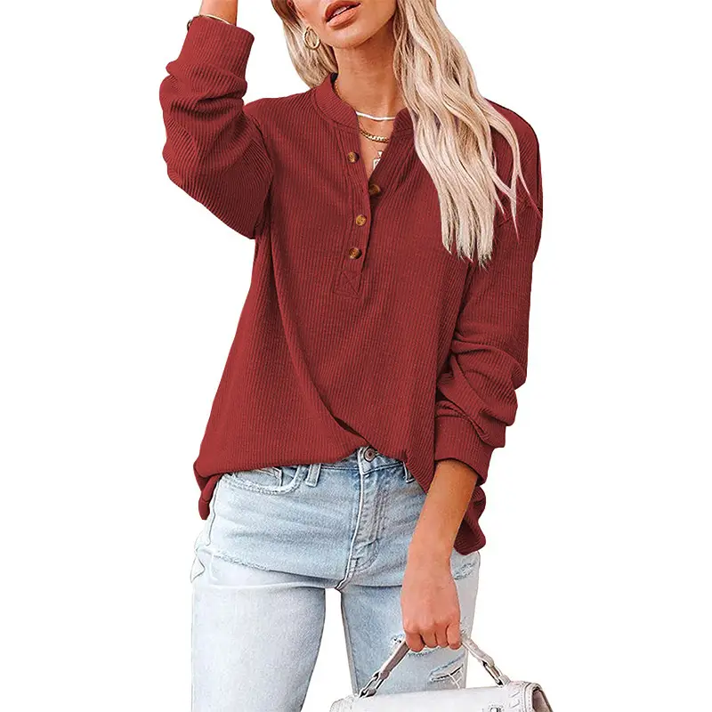 Women's Grey Knitted V-Neck Long Sleeve T-Shirt - Image 7