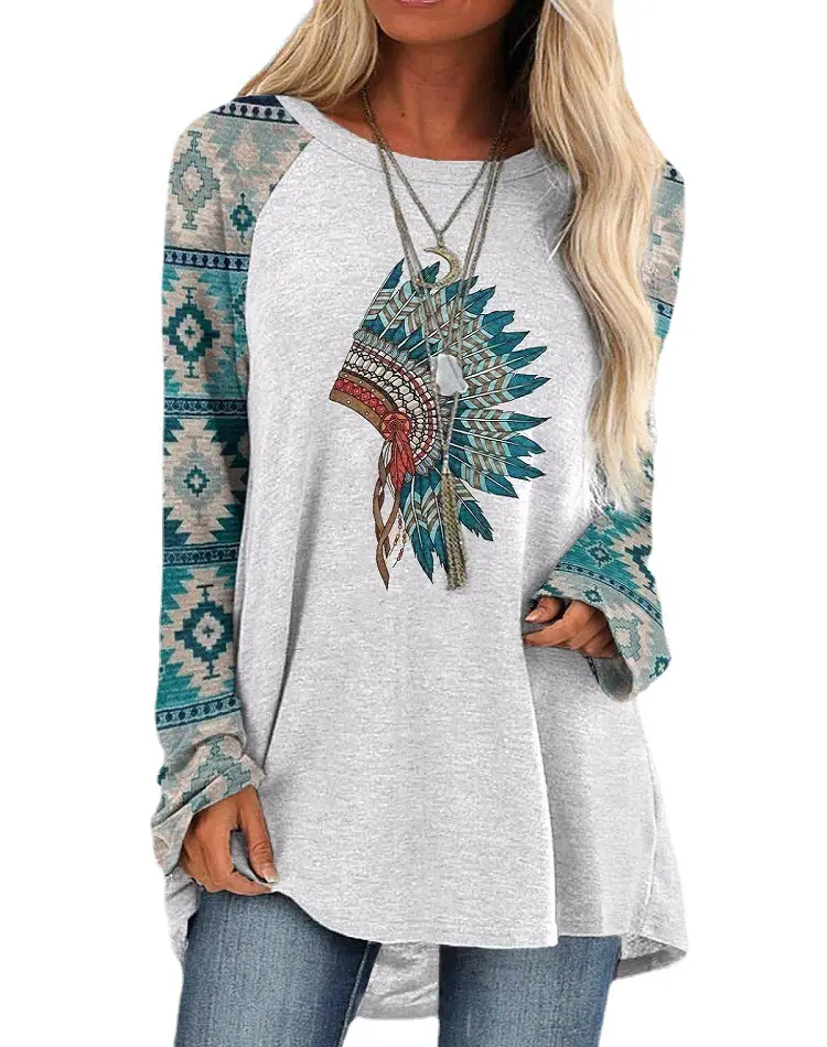 2021 Foreign Trade Cross-border Women's Fashion Loose Round Neck Digital Printing Western Style Long Sleeve Top 6901
