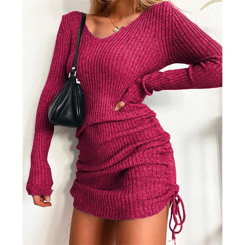 2025 Knitted V Neck Sweater Skirt Set Magenta