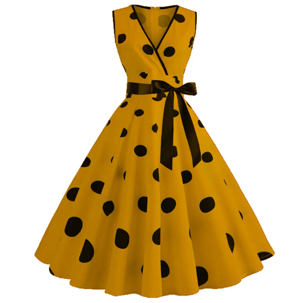 Yellow Polka Dot Waist Belt Swing Dress for Women - Image 9
