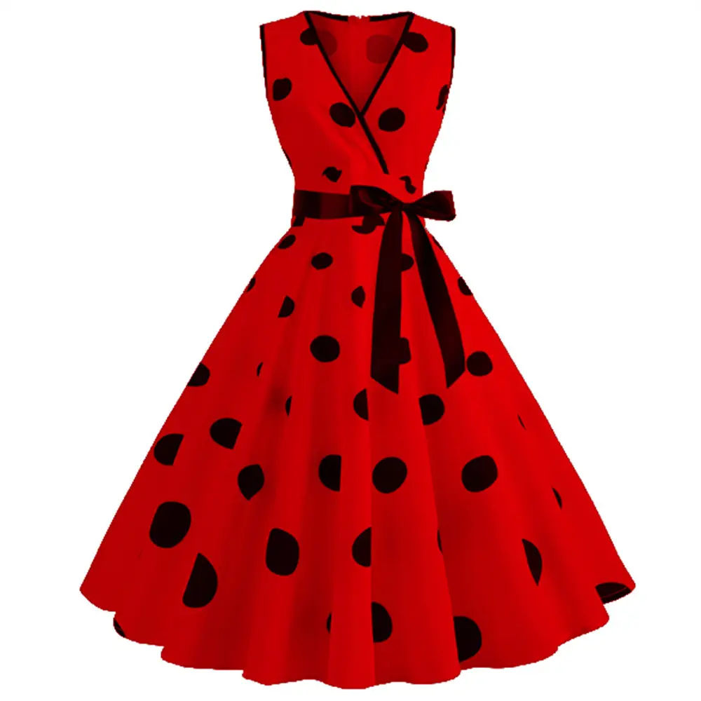 Yellow Polka Dot Waist Belt Swing Dress for Women - Image 2