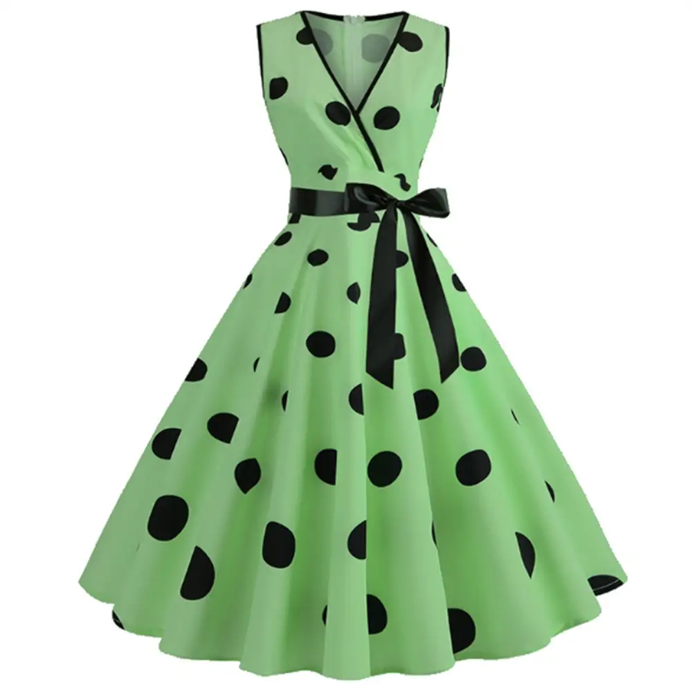 Yellow Polka Dot Waist Belt Swing Dress for Women - Image 3