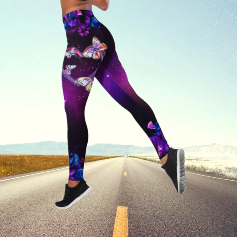 2023 Butterfly Print High Waist Yoga Pants Plus Size Pink - Image 9