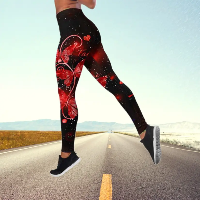2023 Butterfly Print High Waist Yoga Pants Plus Size Pink - Image 2