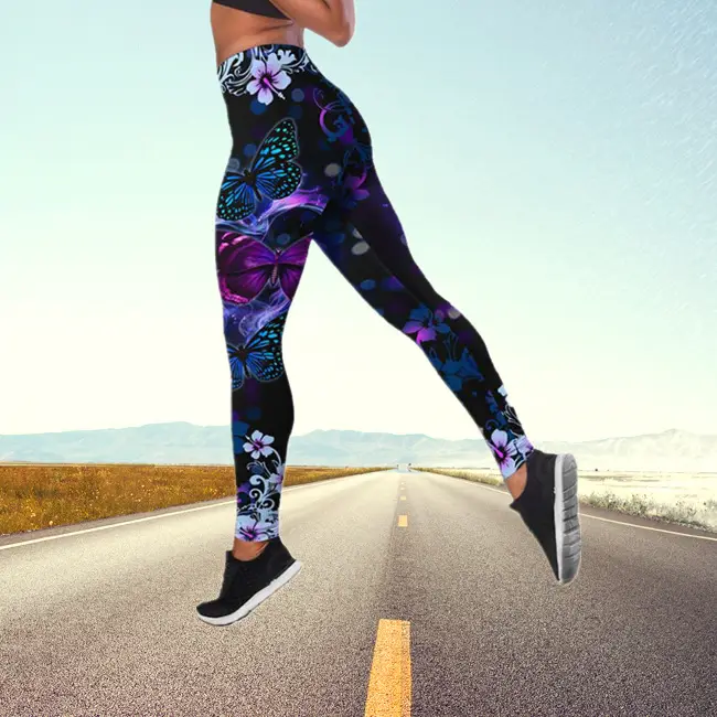 2023 Butterfly Print High Waist Yoga Pants Plus Size Pink - Image 4