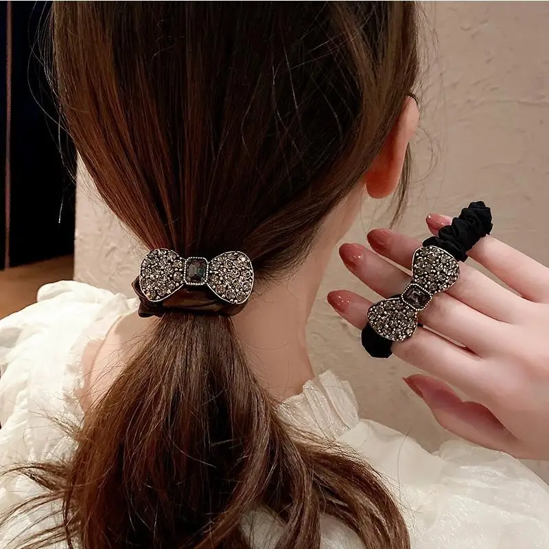 Korean Bow Hair Ring with Full Diamond Design