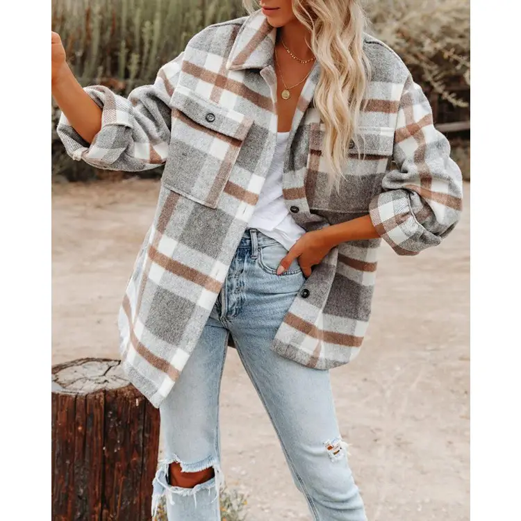 Long Sleeve Plaid Coat Thickened Woolen Women Autumn Winter - Image 3