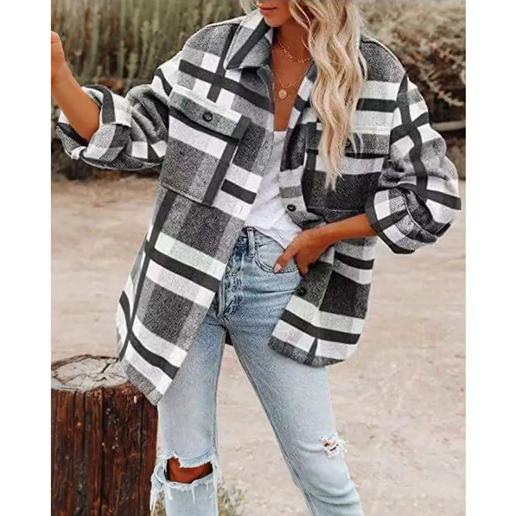 Long Sleeve Plaid Coat Thickened Woolen Women Autumn Winter - Image 4