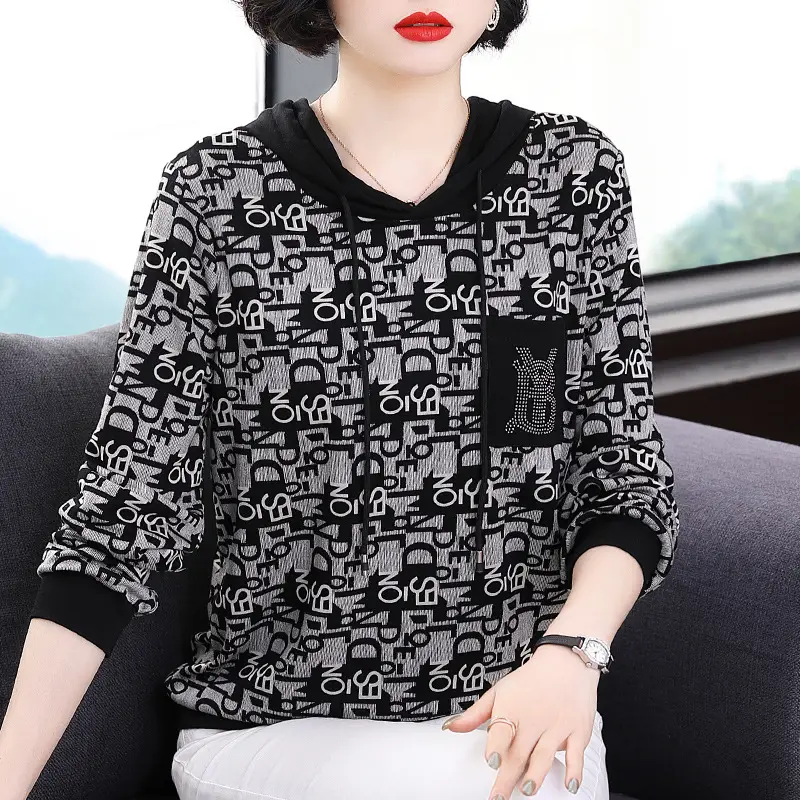 2023 Printed Hooded Long Sleeve Pullover Shirt Black - Image 7