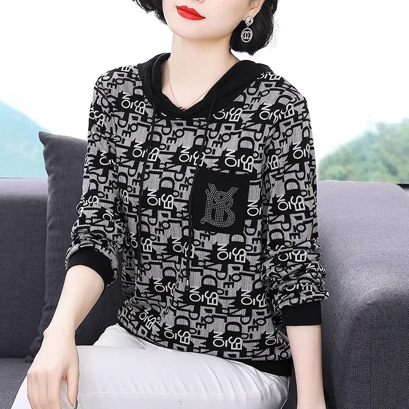 2023 Printed Hooded Long Sleeve Pullover Shirt Black - Image 8