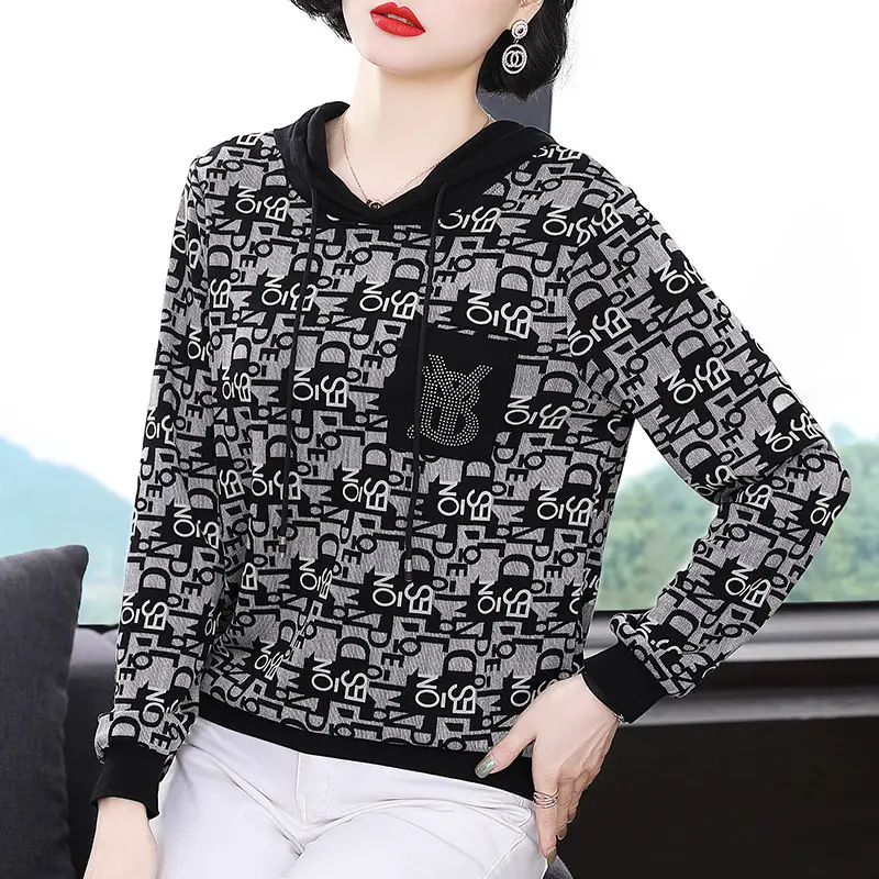 2023 Printed Hooded Long Sleeve Pullover Shirt Black - Image 9