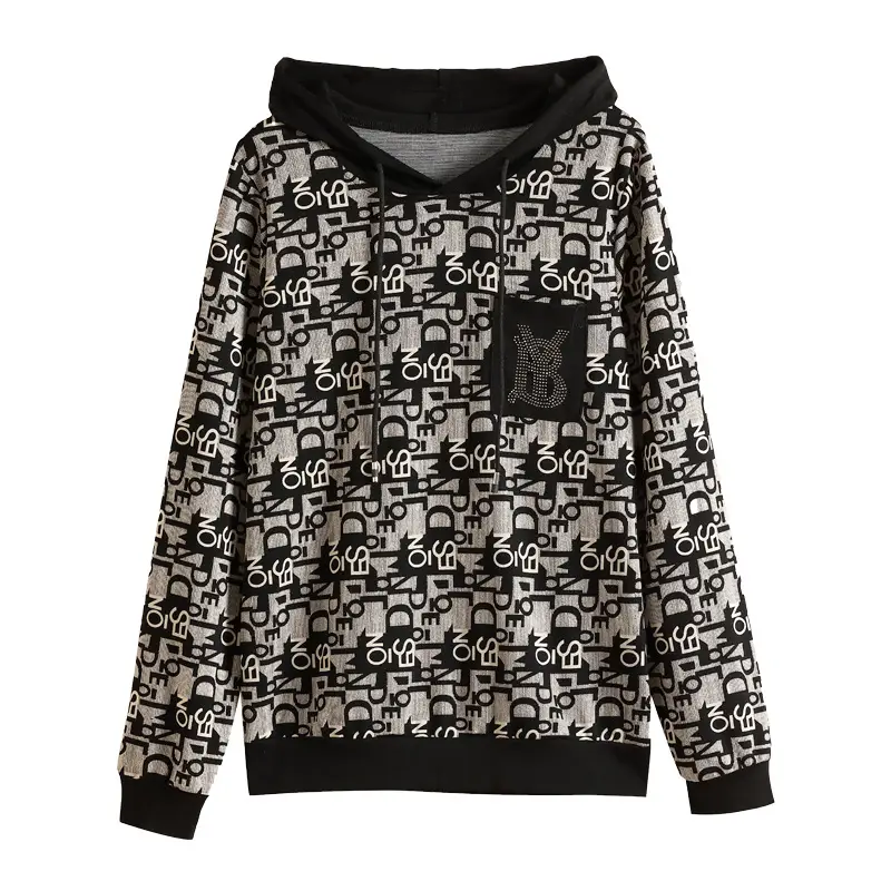 2023 Printed Hooded Long Sleeve Pullover Shirt Black - Image 10