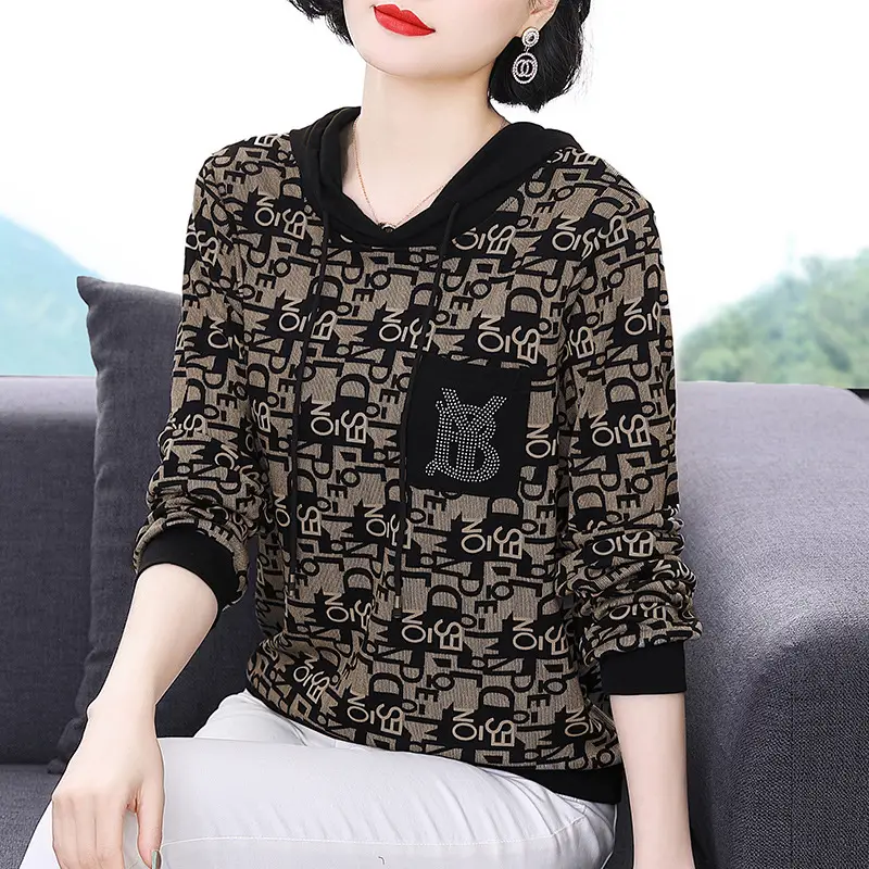2023 Printed Hooded Long Sleeve Pullover Shirt Black - Image 2