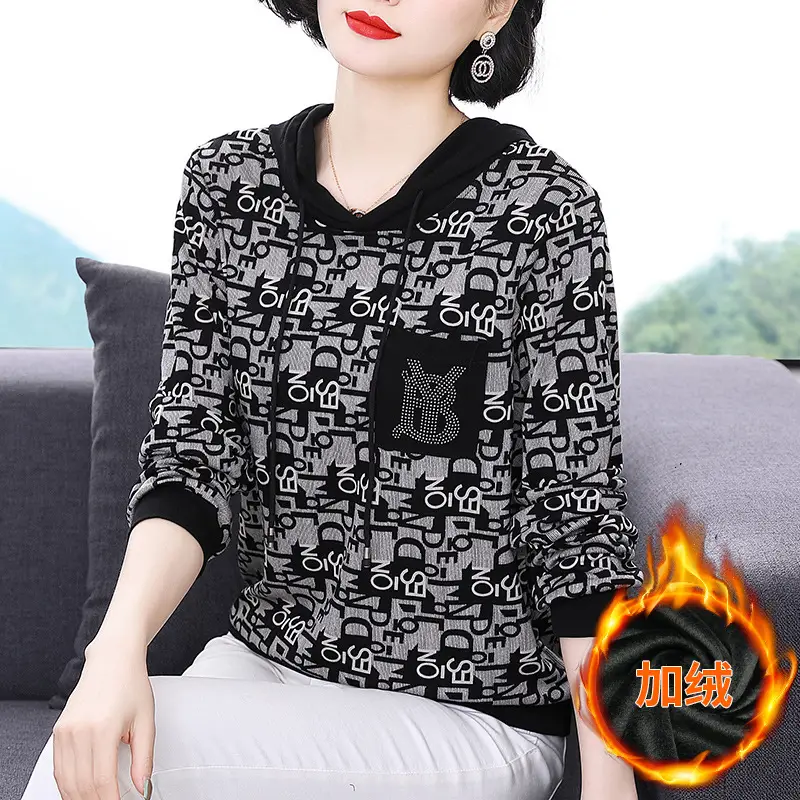 2023 Printed Hooded Long Sleeve Pullover Shirt Black - Image 3