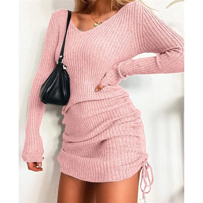 2025 Knitted V Neck Long Sleeve Ribbed Skirt Set - Image 5