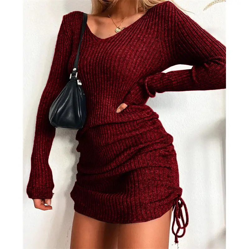 2025 Knitted V Neck Long Sleeve Ribbed Skirt Set - Image 6