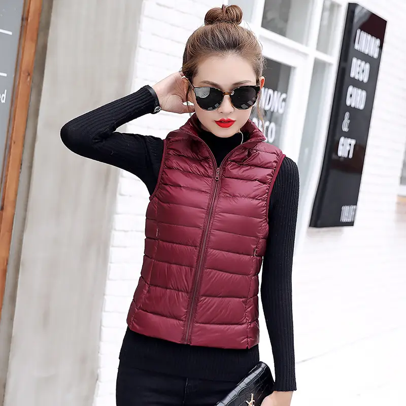 Women Red Stand Collar Puffer Vest Large Winter Lightweight Vest - Image 4