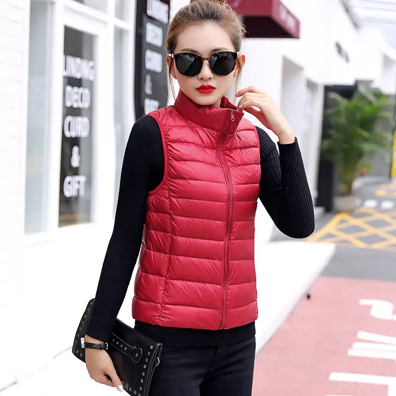 Women Red Stand Collar Puffer Vest Large Winter Lightweight Vest - Image 7