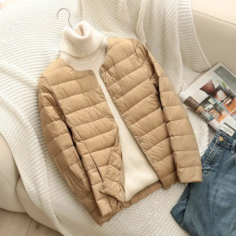 Women's Beige Down Puffer Jacket Winter Warm Short Sleeve - Image 12