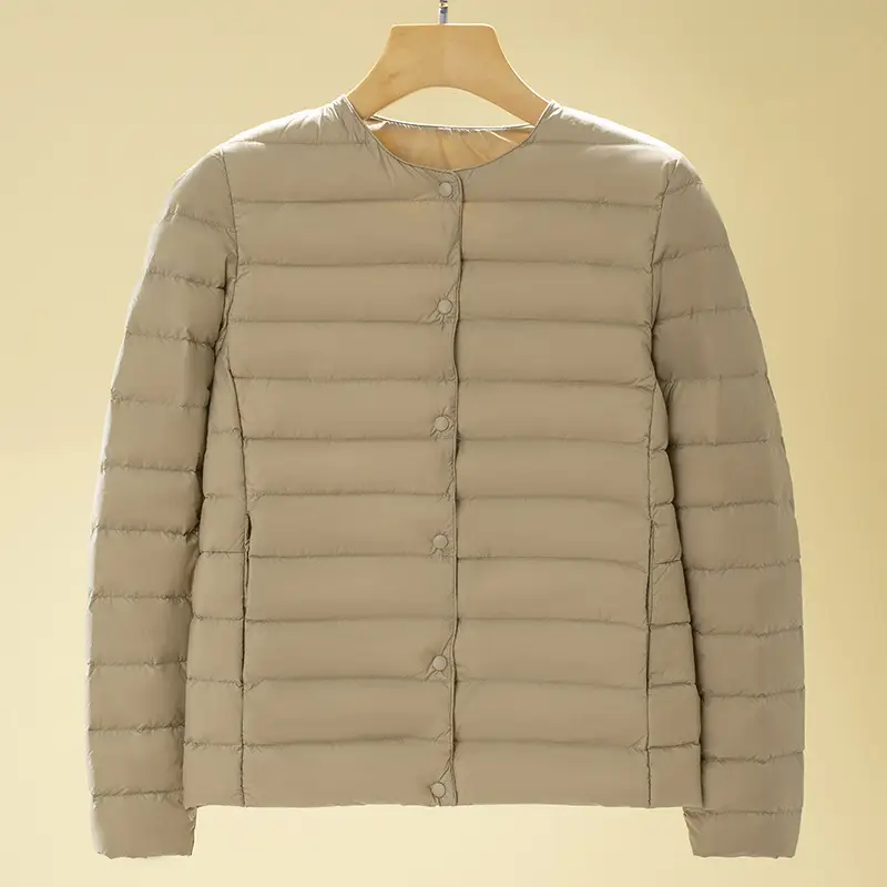 Women's Beige Down Puffer Jacket Winter Warm Short Sleeve - Image 4