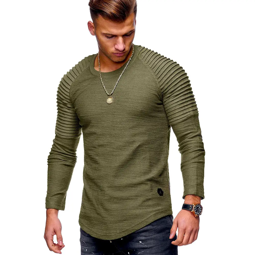 Military Green Slim Fit Long Sleeve Crewneck T-Shirt for Men - Image 5